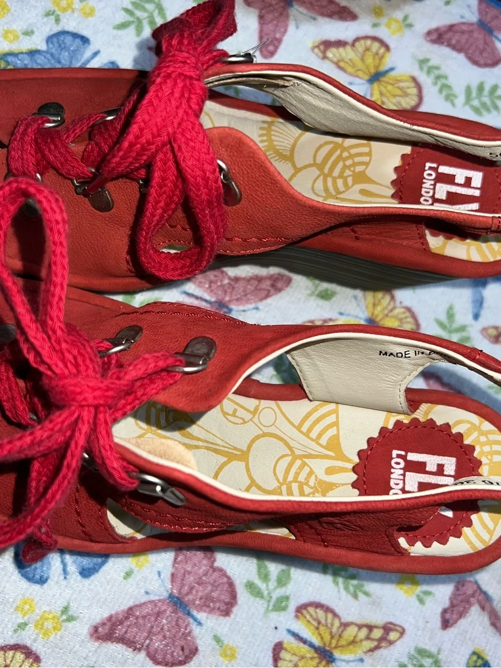 Fly London Ylfa Scarlet Red Leather Lace up Comfort Wedge Sandals Shoes